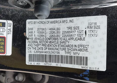 2016 Honda Cr-V Se from USA, damaged, VIN 5J6RM4H40GL043198